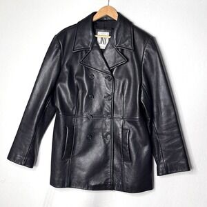 Jones NY Black Leather Jacket Womens XL Double Breasted Soft Thick Y2K EXCELLENT